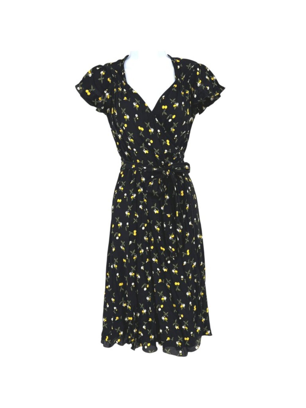 Dollz & Dames Cherry Sweetheart Wrap Dress Black Yellow Size XS Retro Pin-up
